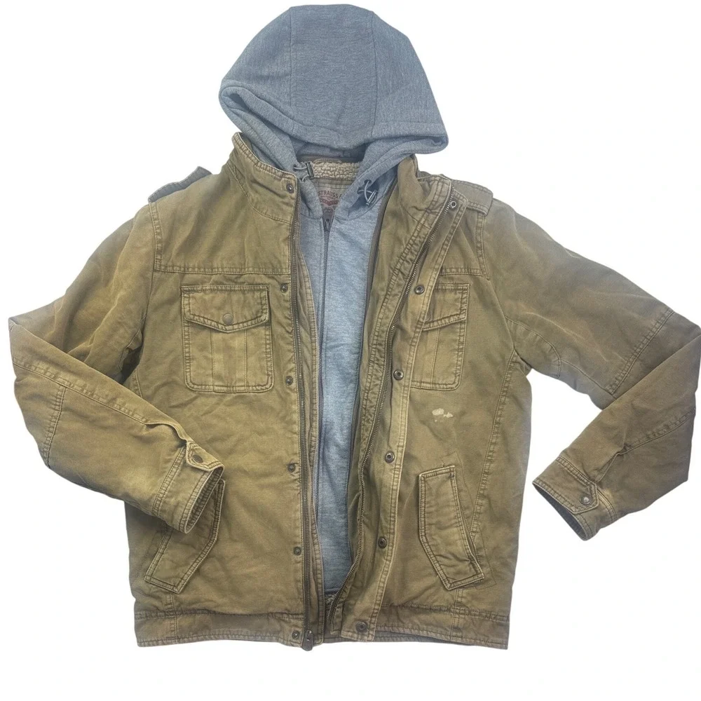 Levis Mens Sherpa Lined Military Trucker Canvas Jacket Hood Khaki  Medium grunge